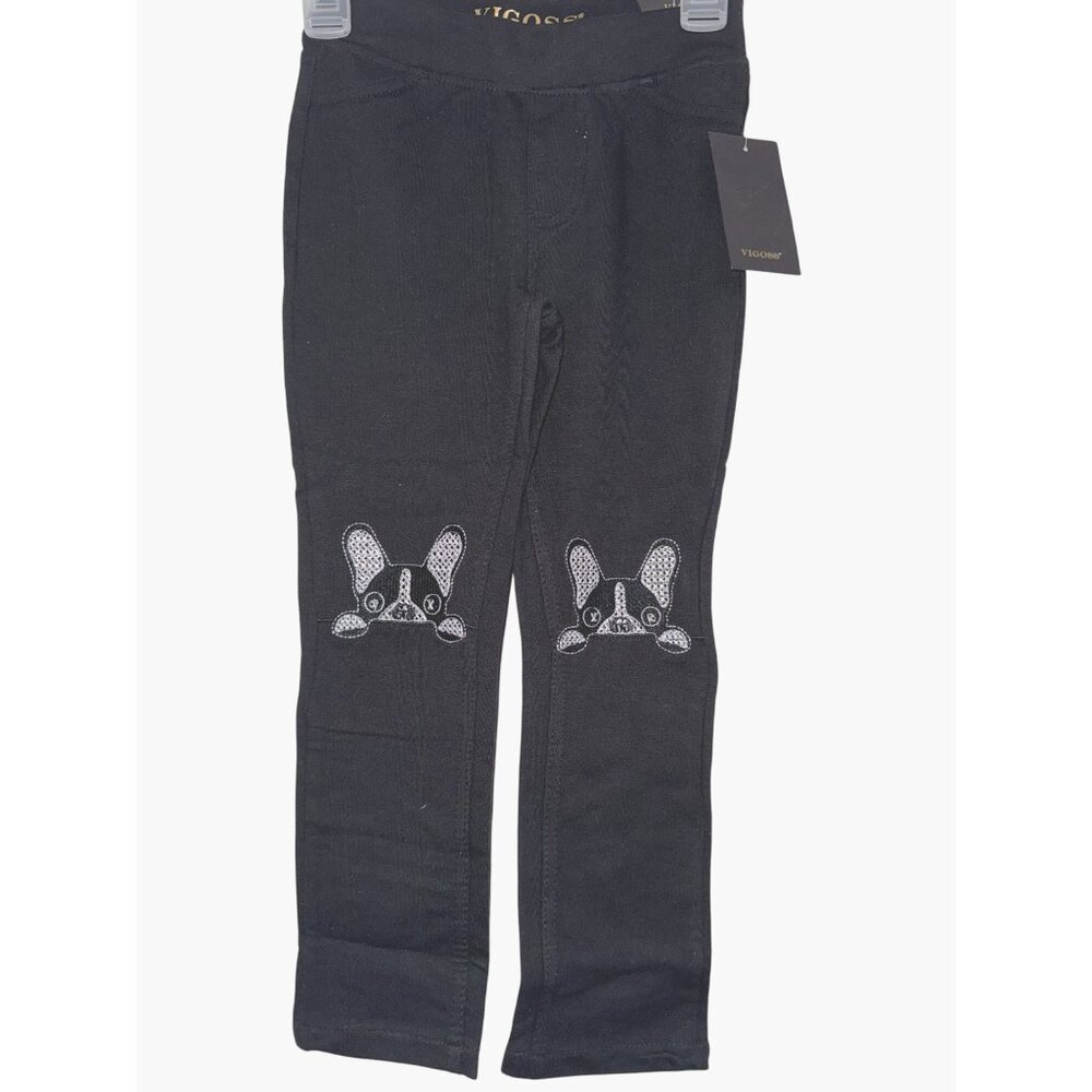 Vigoss Kids Black Leggings With Rhinestone Dog Design Size 4 Cotton/Polyester/El